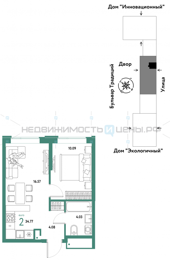 2 комн., 34.77м2, 8/15, Домашний, Тюмень