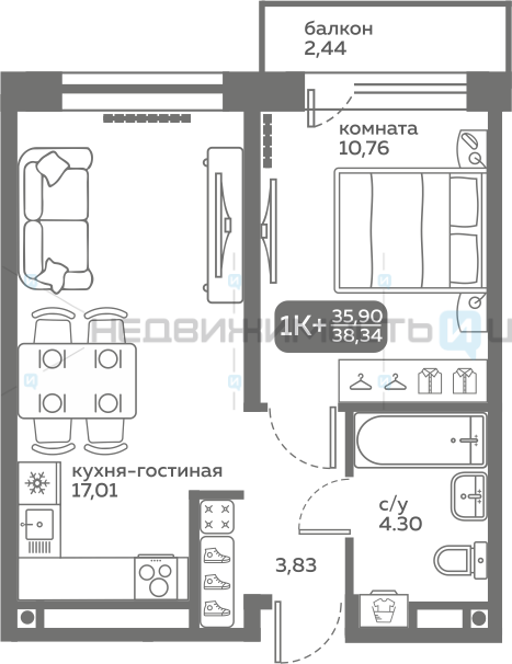 1 комн., 35.9м2, 3/20, Меридиан Слобода, Тюмень