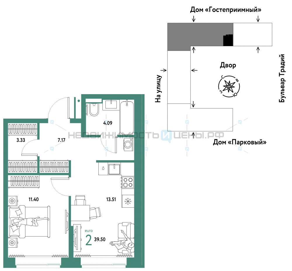 2 комн., 39.5м2, 13/15, Домашний, Тюмень