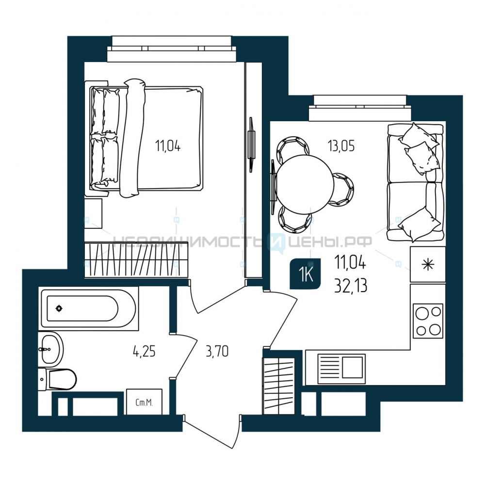 1 комн., 32.13м2, 8/10, Квартал Мятный, Тюмень