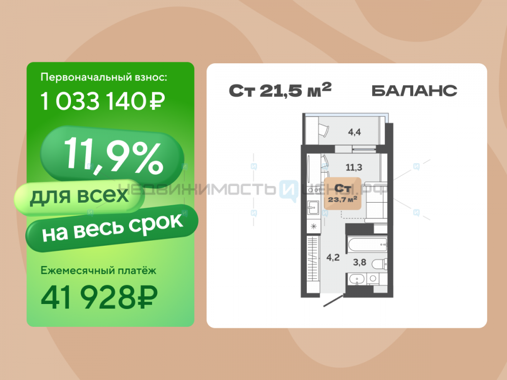 Студия, 21.5м2, 17/17, Баланс, Тюмень