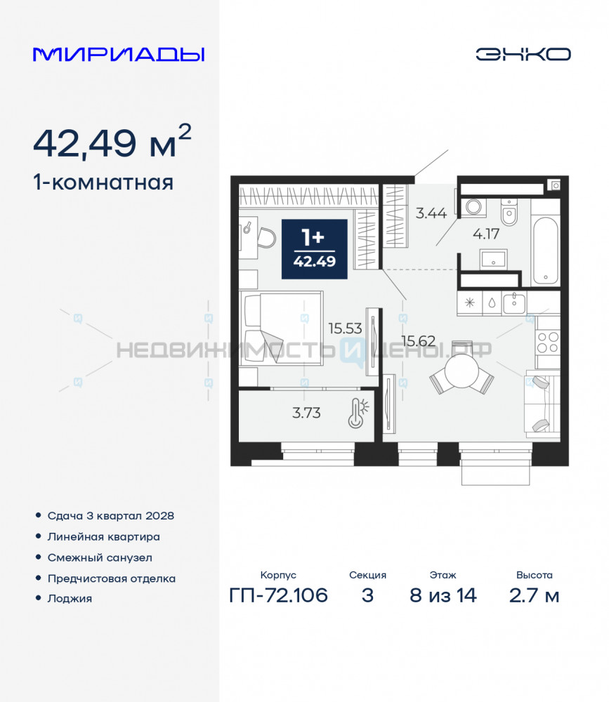 1 комн., 42.49м2, 8/14, Тюмень