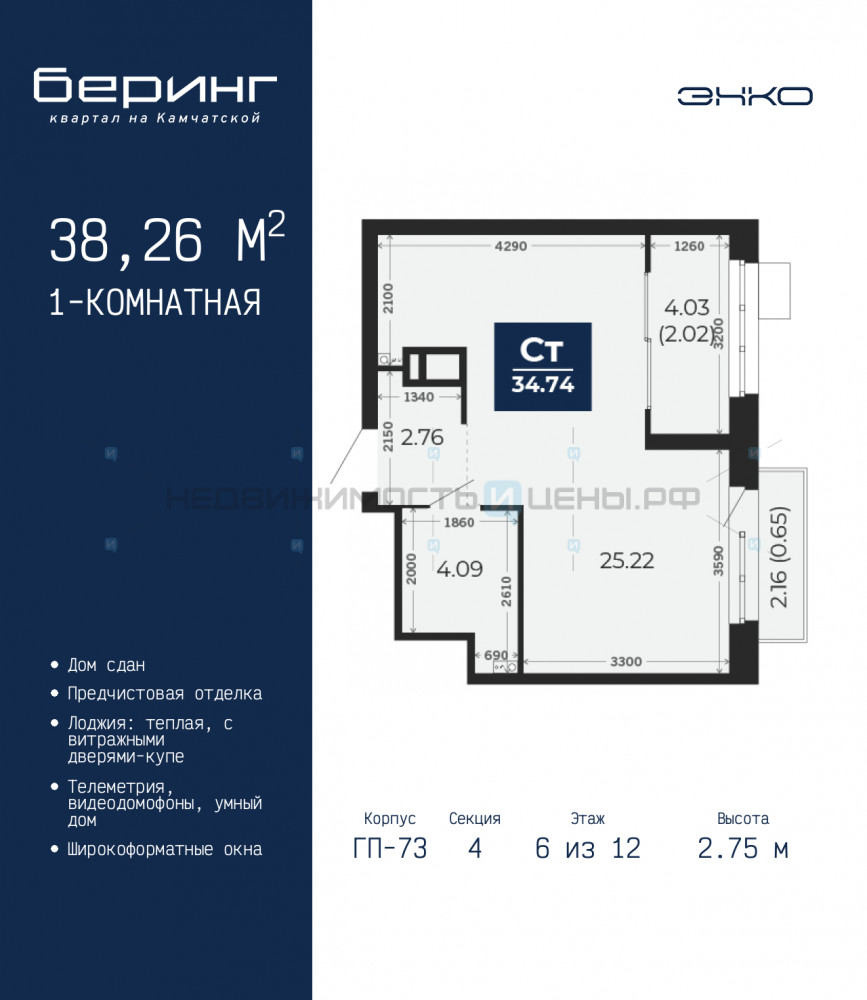 1 комн., 38.26м2, 6/12, Тюмень