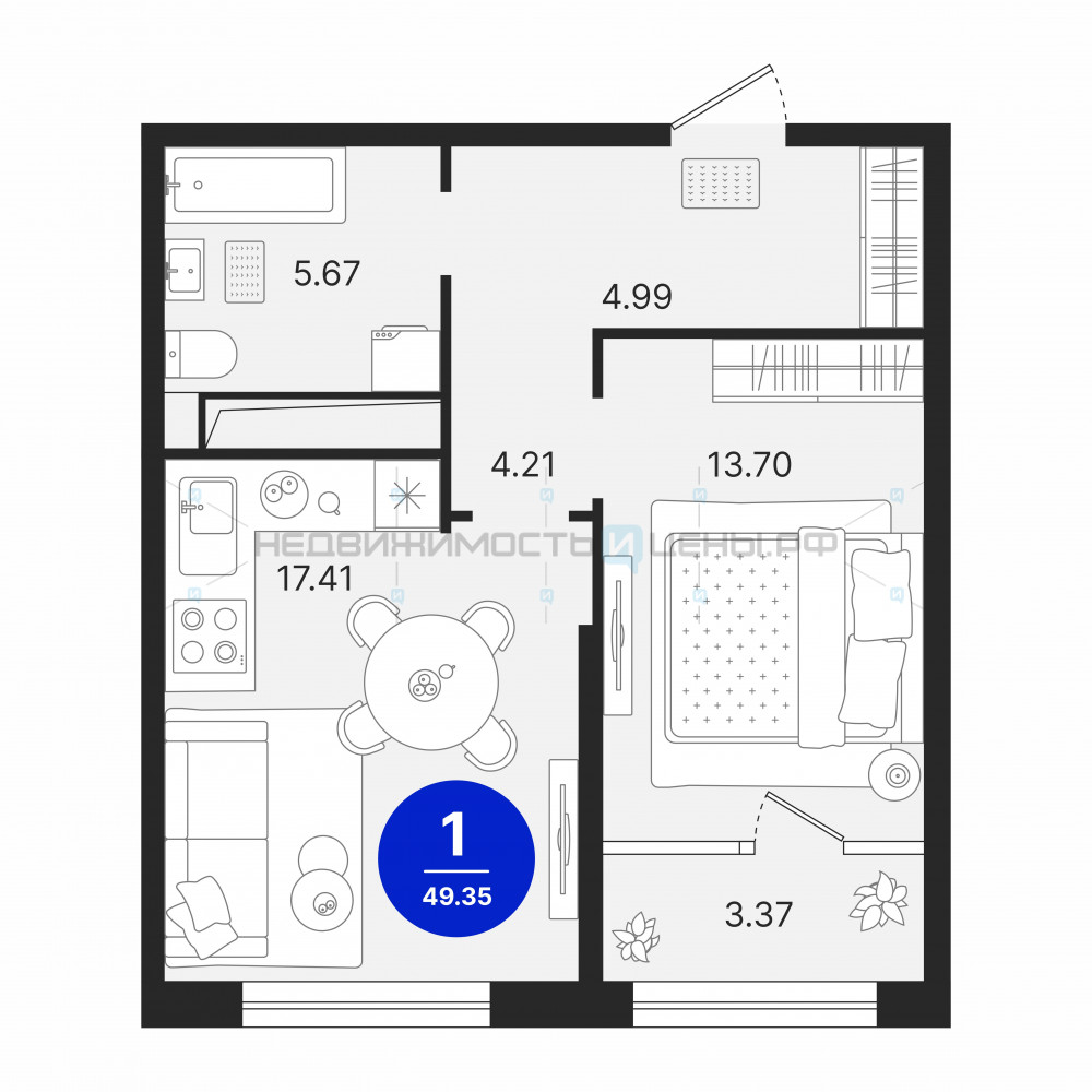 1 комн., 49.35м2, 2/17, Северное Сияние, Тюмень
