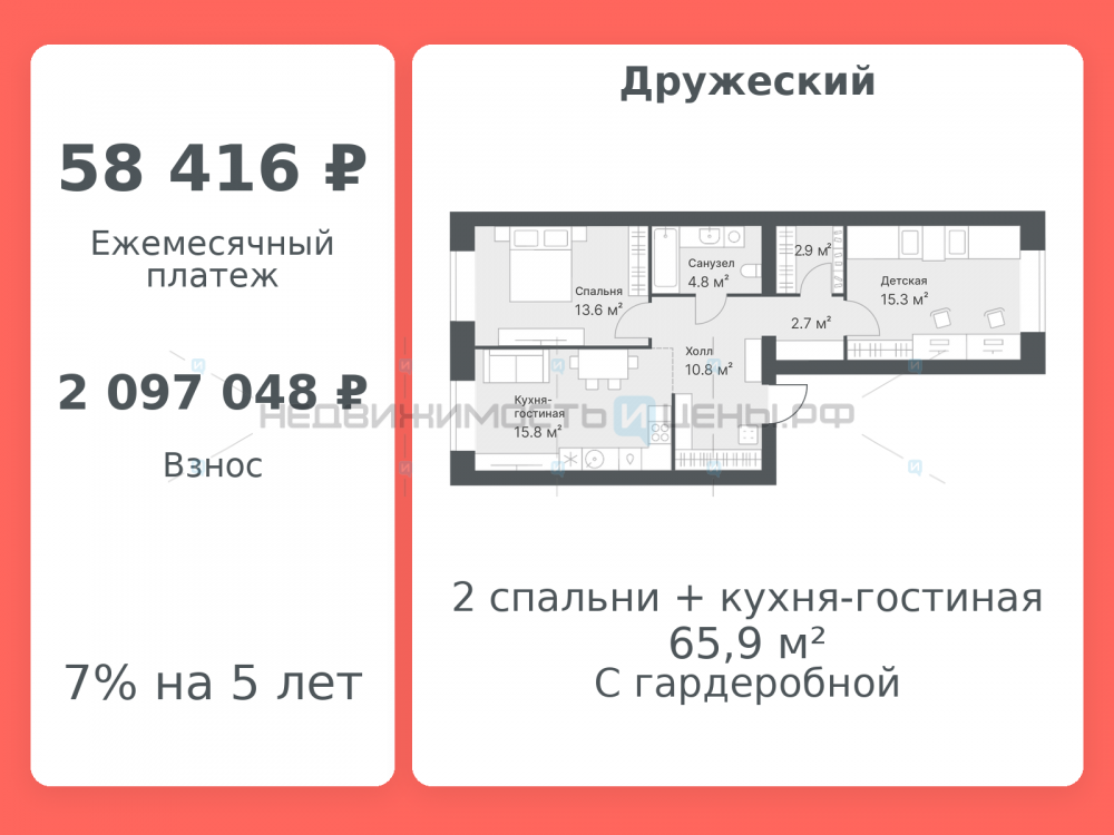 2 комн., 65.9м2, 10/14, Дружеский, Тюмень