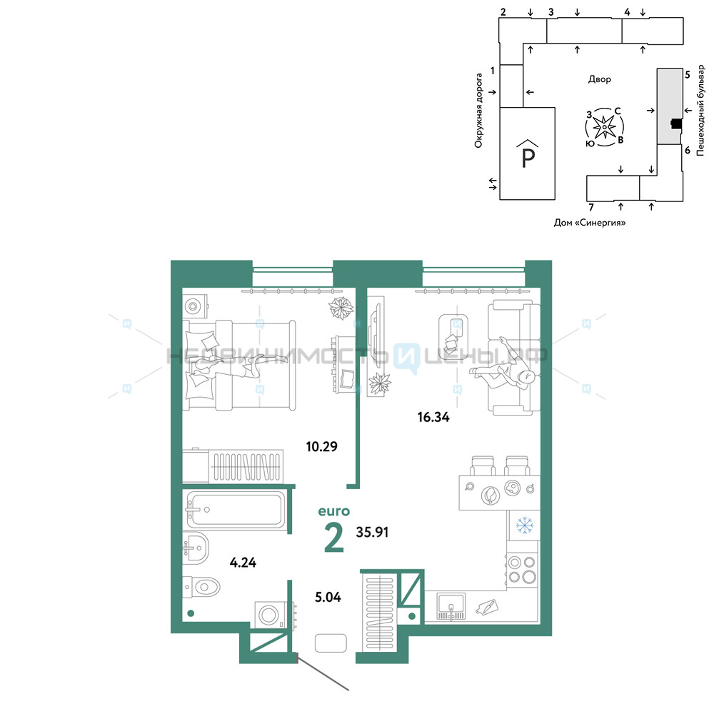 2 комн., 35.91м2, 14/16, Юнион, Тюмень