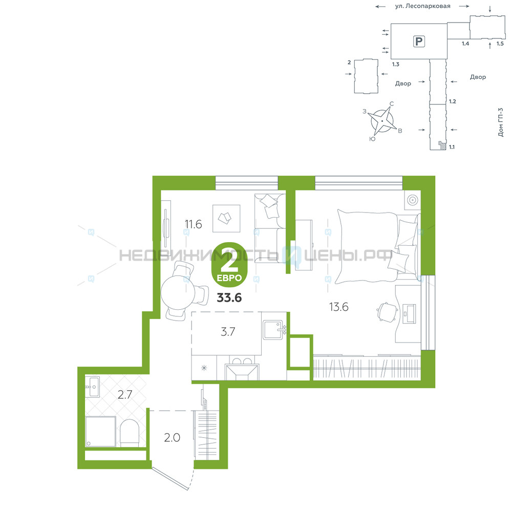 1 комн., 33.6м2, 9/24, Чистые пруды, Тюмень