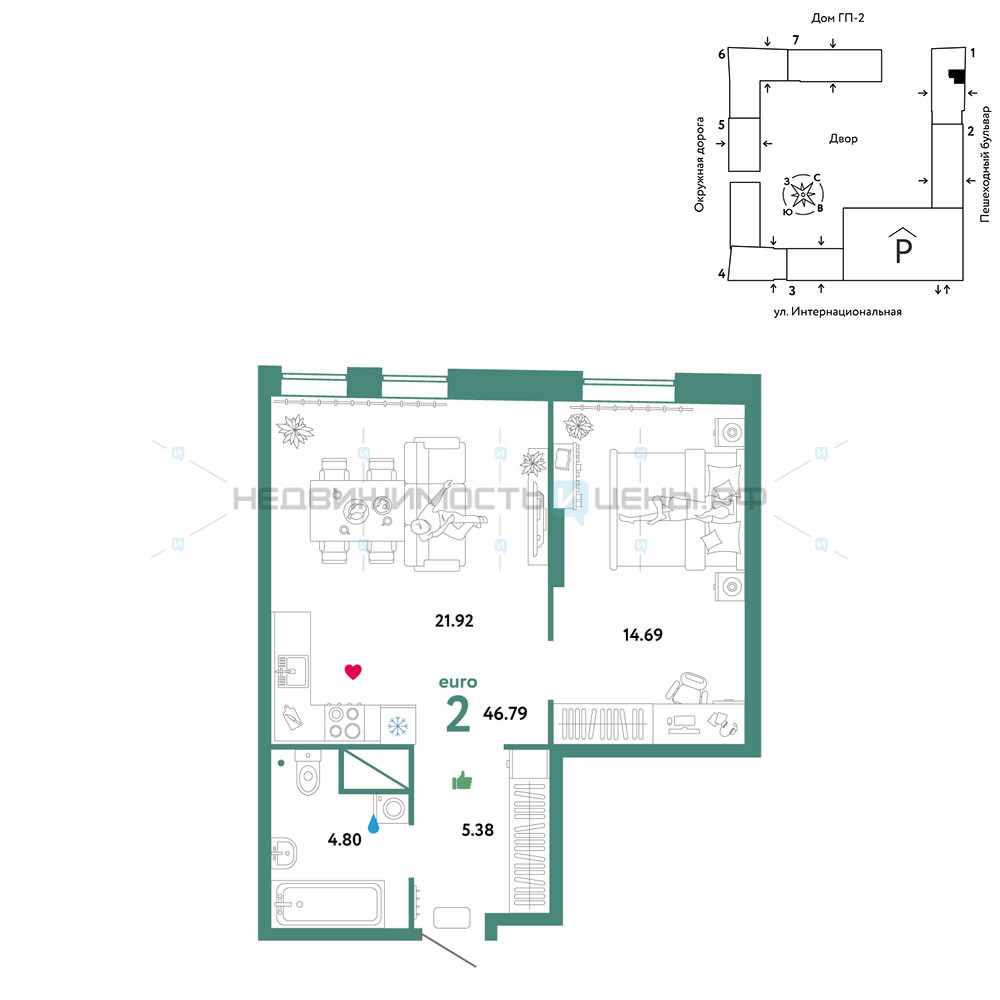 2 комн., 46.79м2, 10/16, Юнион, Тюмень