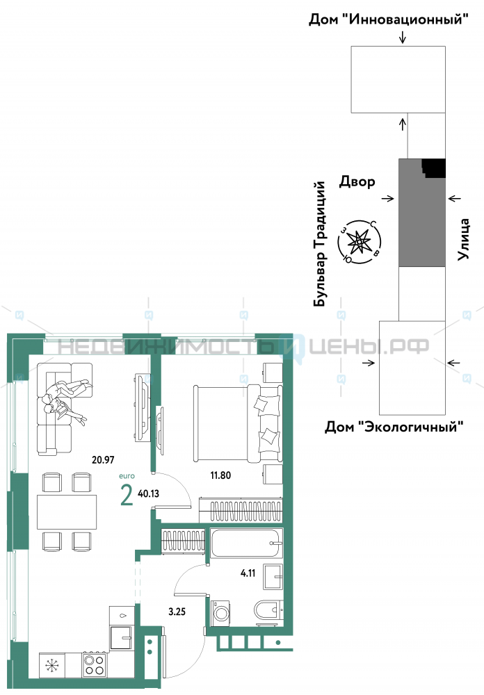 2 комн., 40.13м2, 5/15, Домашний, Тюмень