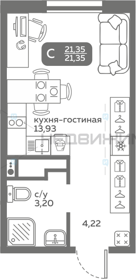 1 комн., 21.35м2, 6/20, Меридиан Слобода, Тюмень