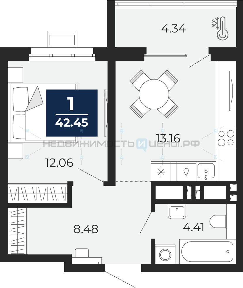 1 комн., 42.45м2, 16/17, Тюмень