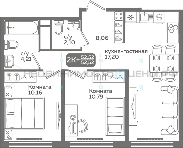2 комн., 52.52м2, 6/21, Меридиан Слобода, Тюмень
