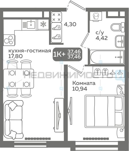 1 комн., 37.46м2, 3/21, Меридиан Слобода, Тюмень