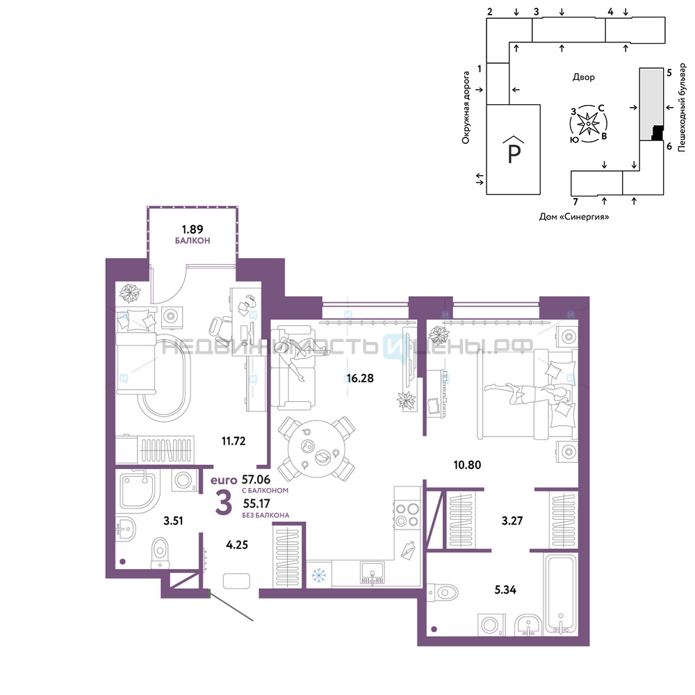 3 комн., 57.06м2, 5/16, Юнион, Тюмень
