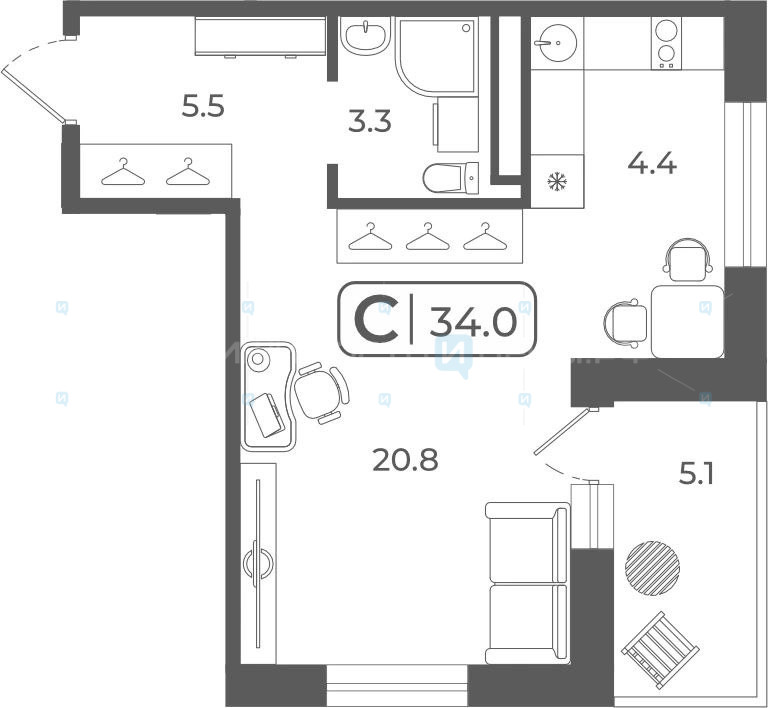 Студия, 33.8м2, 22/22, Quattro (Кваттро), Тюмень
