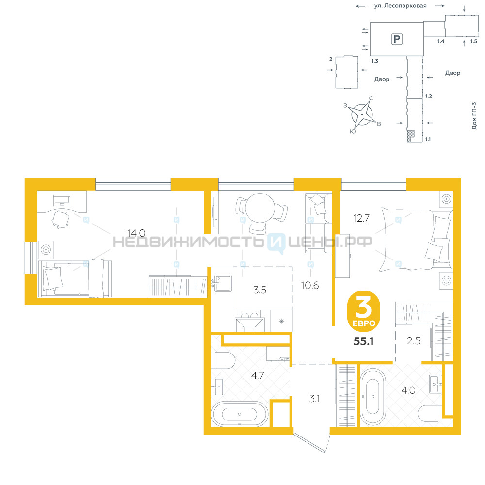 2 комн., 55.1м2, 9/24, Чистые пруды, Тюмень