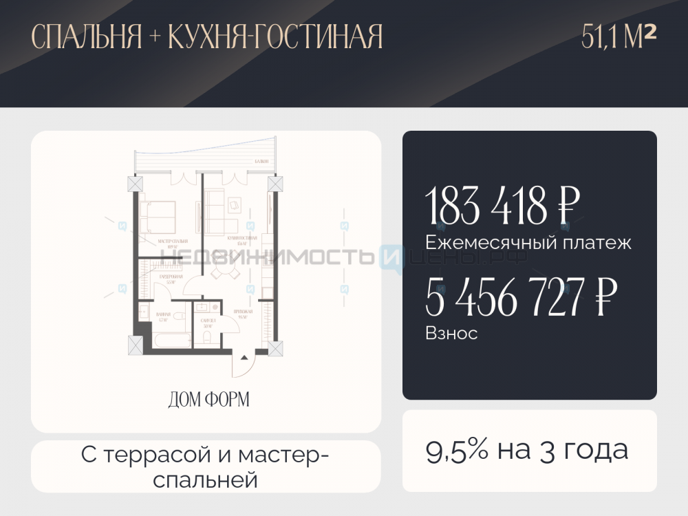 2 комн., 51.1м2, 5/10, Дом Форм, Тюмень