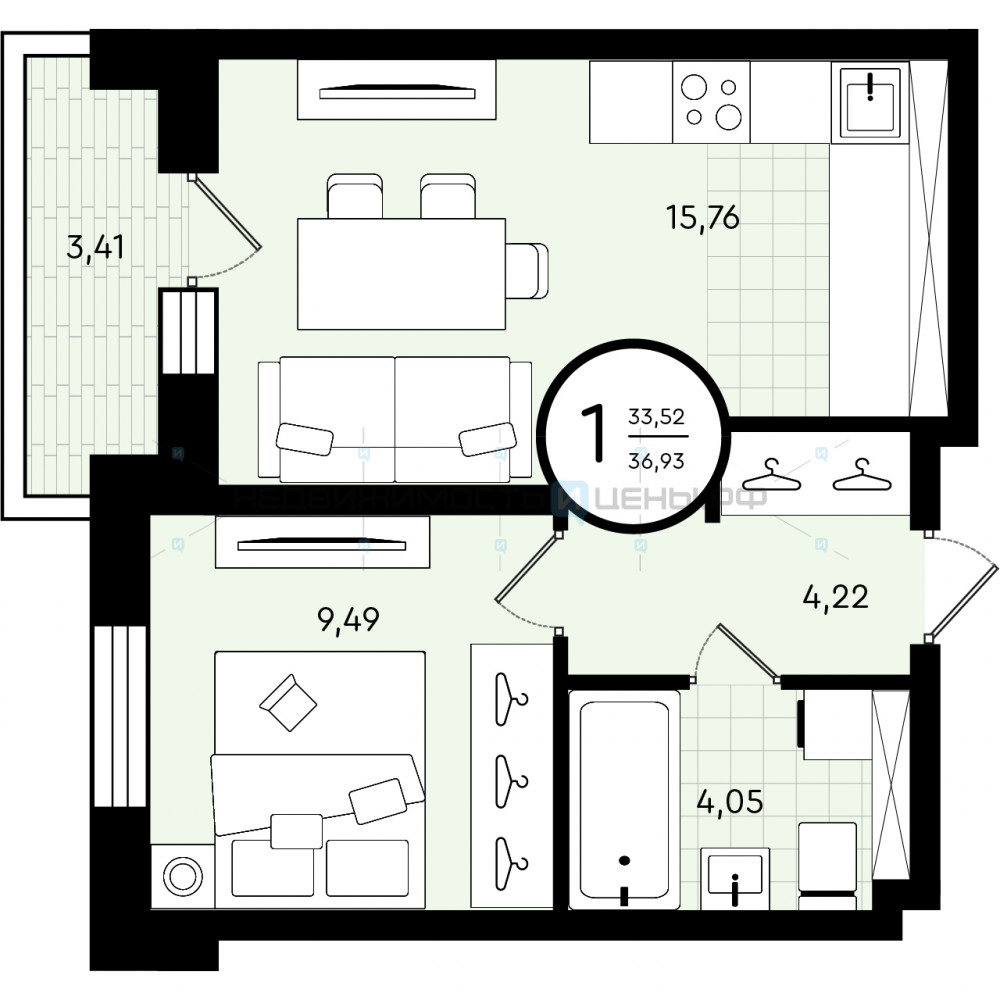 1 комн., 36.93м2, 4/4, Зеленые Аллеи, Тюмень