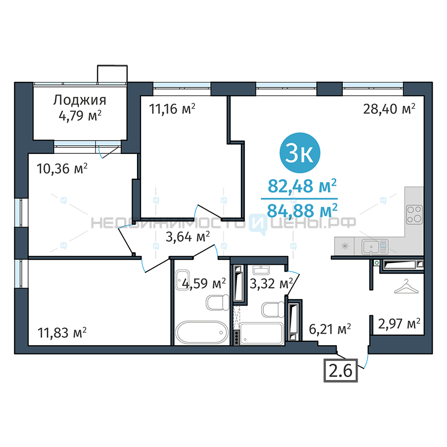 3 комн., 82.48м2, 24/24, Док (DOK), Тюмень