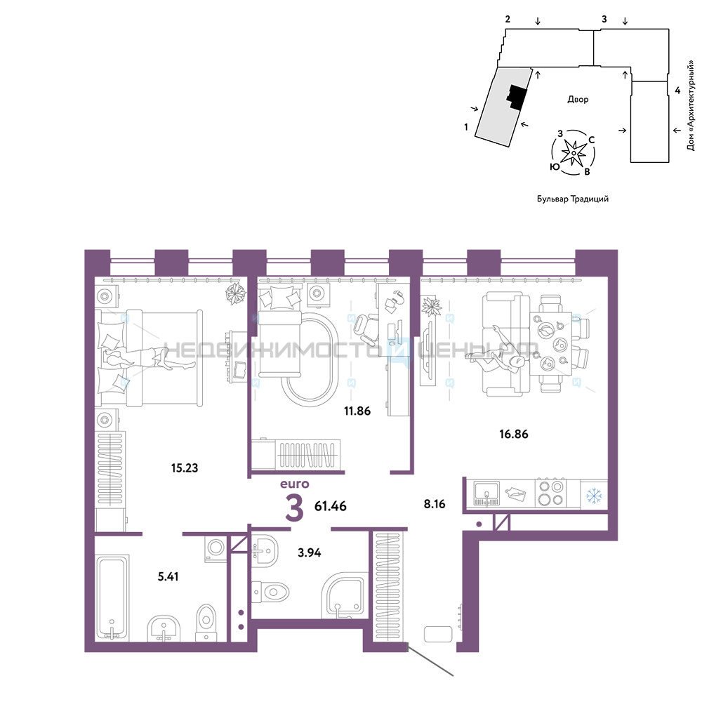 3 комн., 61.46м2, 2/15, Домашний, Тюмень