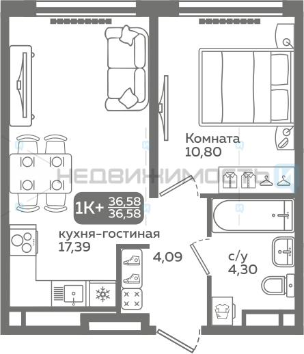 1 комн., 36.58м2, 15/21, Меридиан Слобода, Тюмень