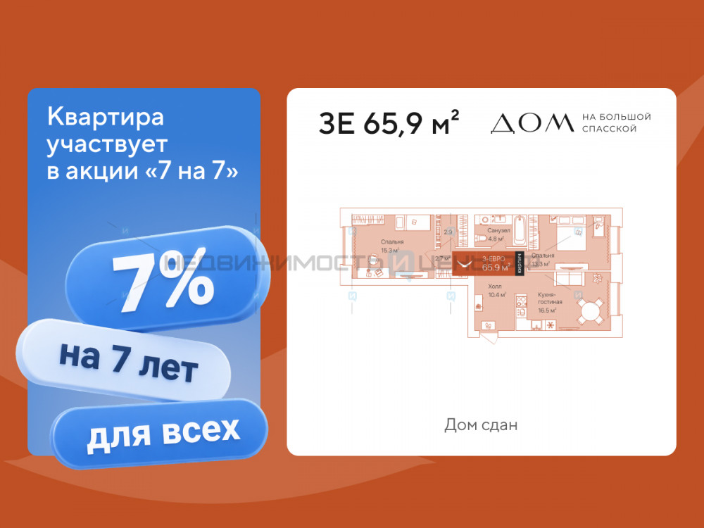 2 комн., 65.9м2, 10/16, Дом на Большой Спасской, Тюмень