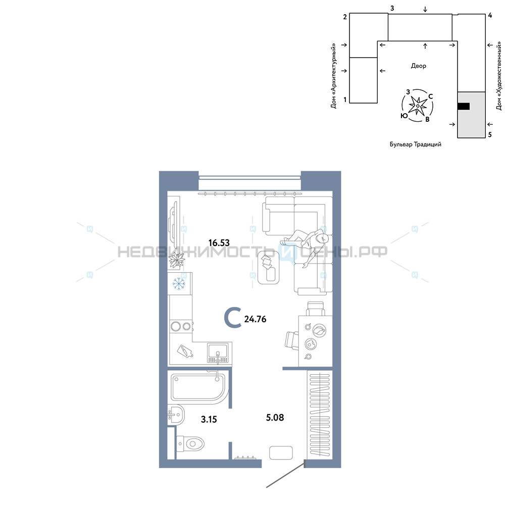 Студия, 24.76м2, 10/15, Домашний, Тюмень