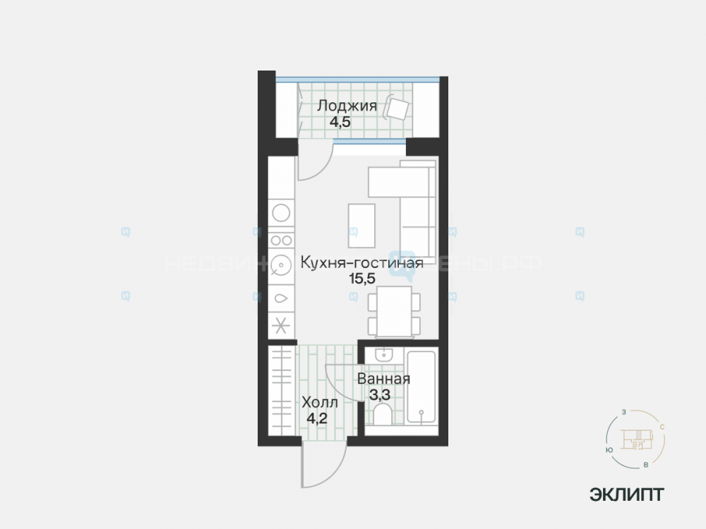 Студия, 25.24м2, 4/4, Эклипт, Тюмень