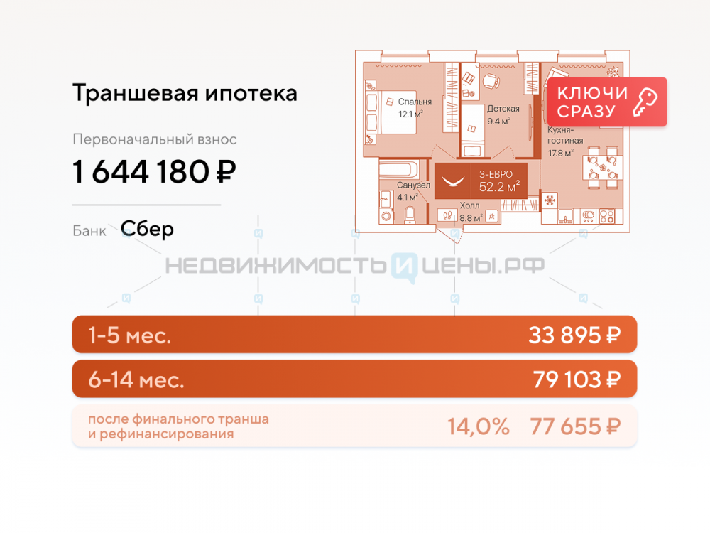 2 комн., 52.2м2, 15/16, Дом на Большой Спасской, Тюмень