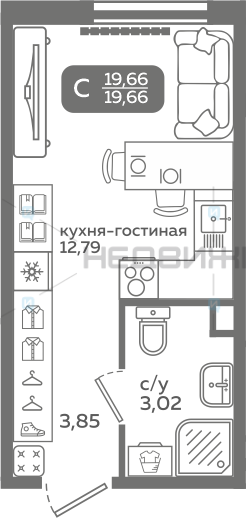 1 комн., 19.66м2, 13/21, Меридиан Слобода, Тюмень