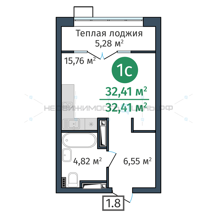 Студия, 32.41м2, 23/24, Док (DOK), Тюмень