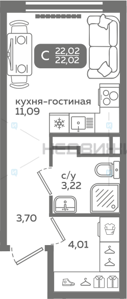 1 комн., 22.02м2, 15/21, Меридиан Слобода, Тюмень