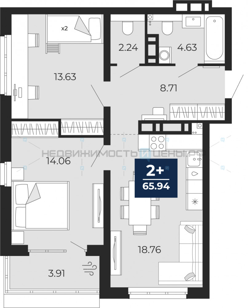 2 комн., 65.94м2, 8/12, Тюмень