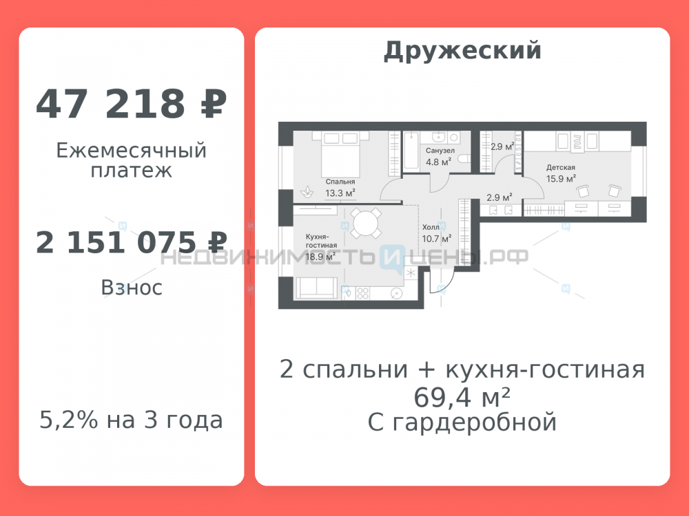 2 комн., 69.4м2, 10/14, Дружеский, Тюмень