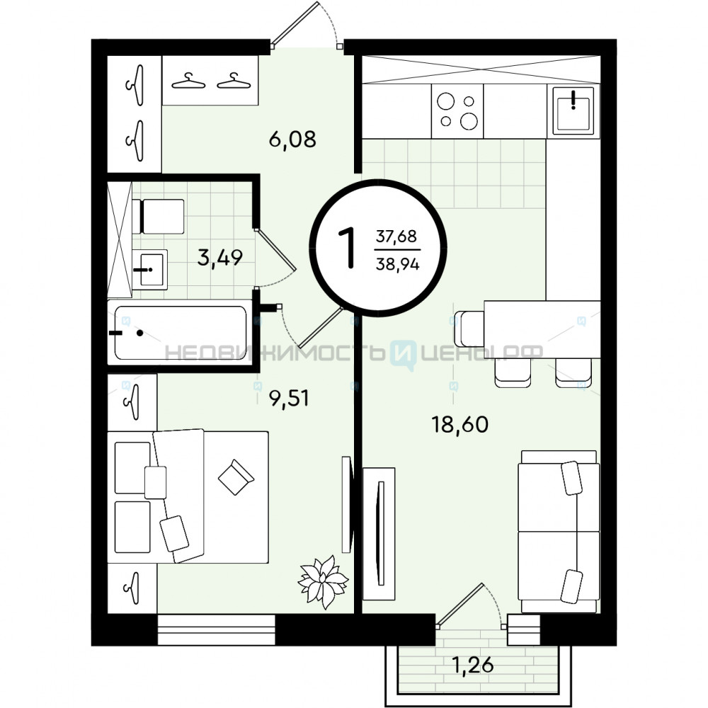 1 комн., 38.94м2, 4/4, Зеленые Аллеи, Тюмень