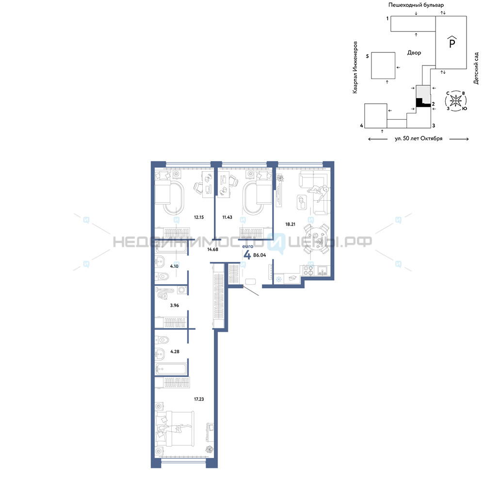4 комн., 86.04м2, 11/25, Сердце Сибири, Тюмень