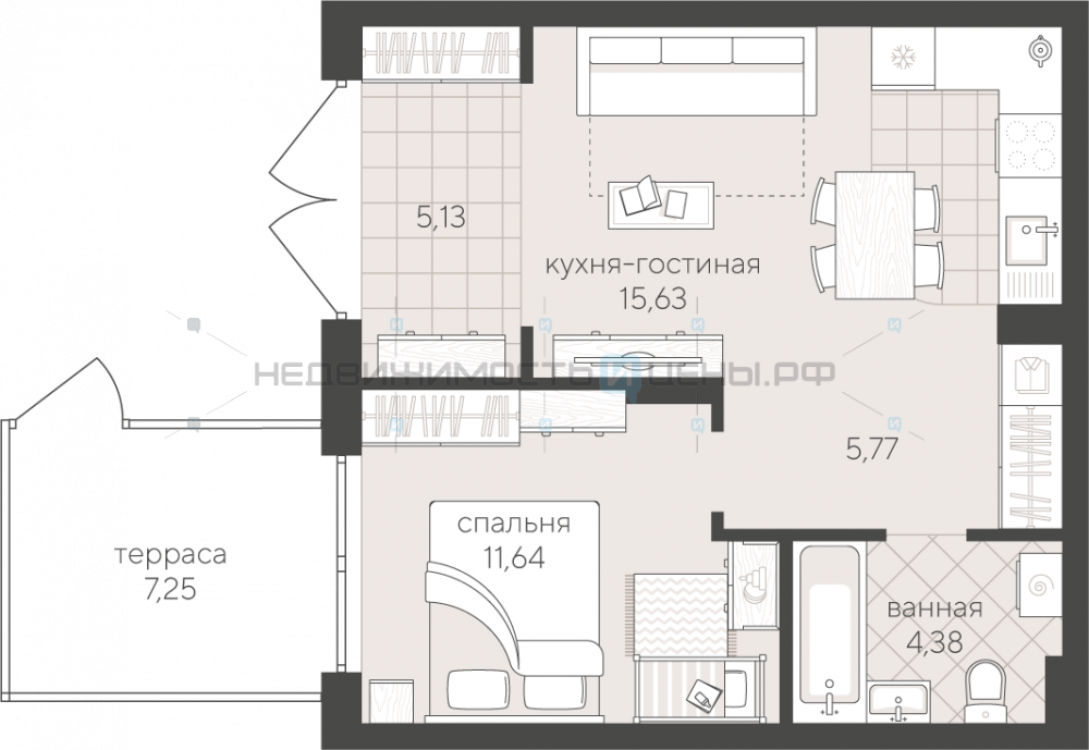 1 комн., 42.55м2, 1/4, Скандиа. Квартал у озера, Тюмень