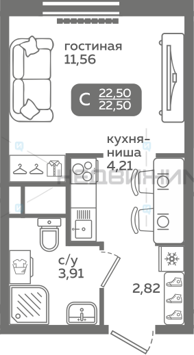 1 комн., 22.5м2, 10/21, Меридиан Слобода, Тюмень