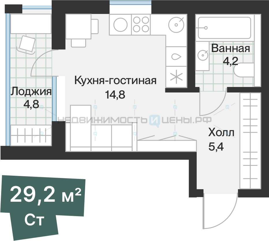 Студия, 26.77м2, 3/4, Эклипт, Тюмень