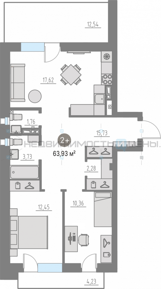 2 комн., 63.3м2, 4/4, Кипрея. Квартиры, Тюмень