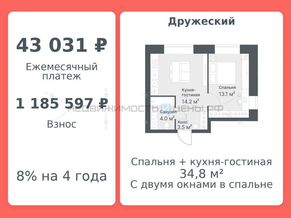 2 комн., 34.8м2, 2/8, Дружеский, Тюмень