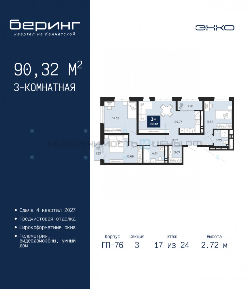 3 комн., 90.32м2, 17/24, Беринг, Тюмень