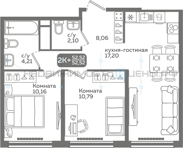 2 комн., 52.52м2, 15/21, Меридиан Слобода, Тюмень