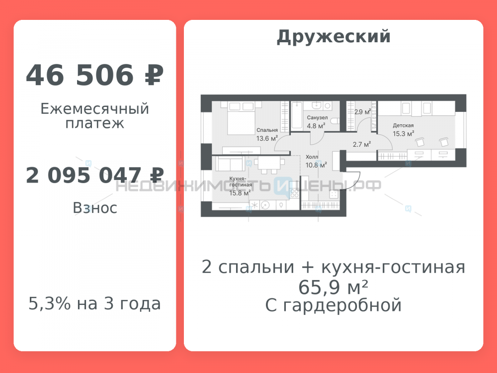 2 комн., 65.9м2, 10/14, Дружеский, Тюмень