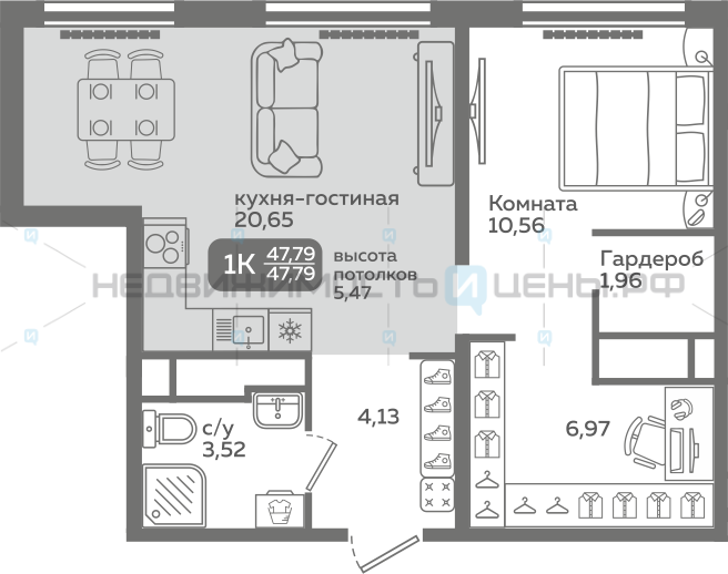 1 комн., 47.79м2, 21/21, Меридиан Слобода, Тюмень
