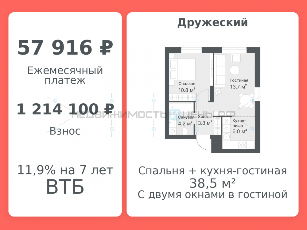 2 комн., 38.5м2, 14/14, Дружеский, Тюмень