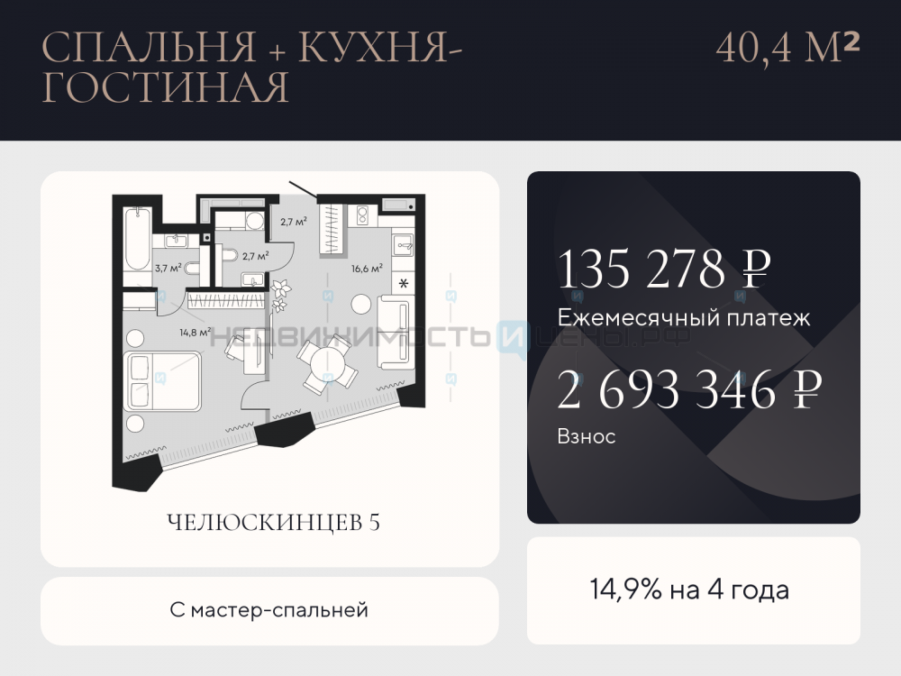1 комн., 40.4м2, 3/9, Челюскинцев 5, Тюмень