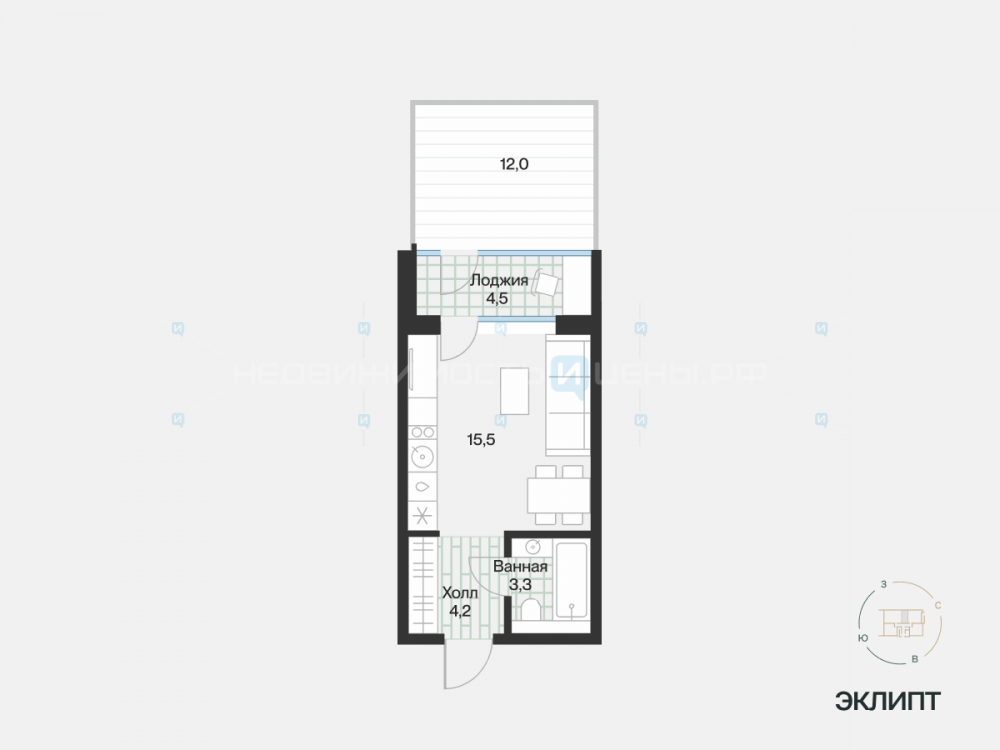 Студия, 25.24м2, 1/4, Эклипт, Тюмень