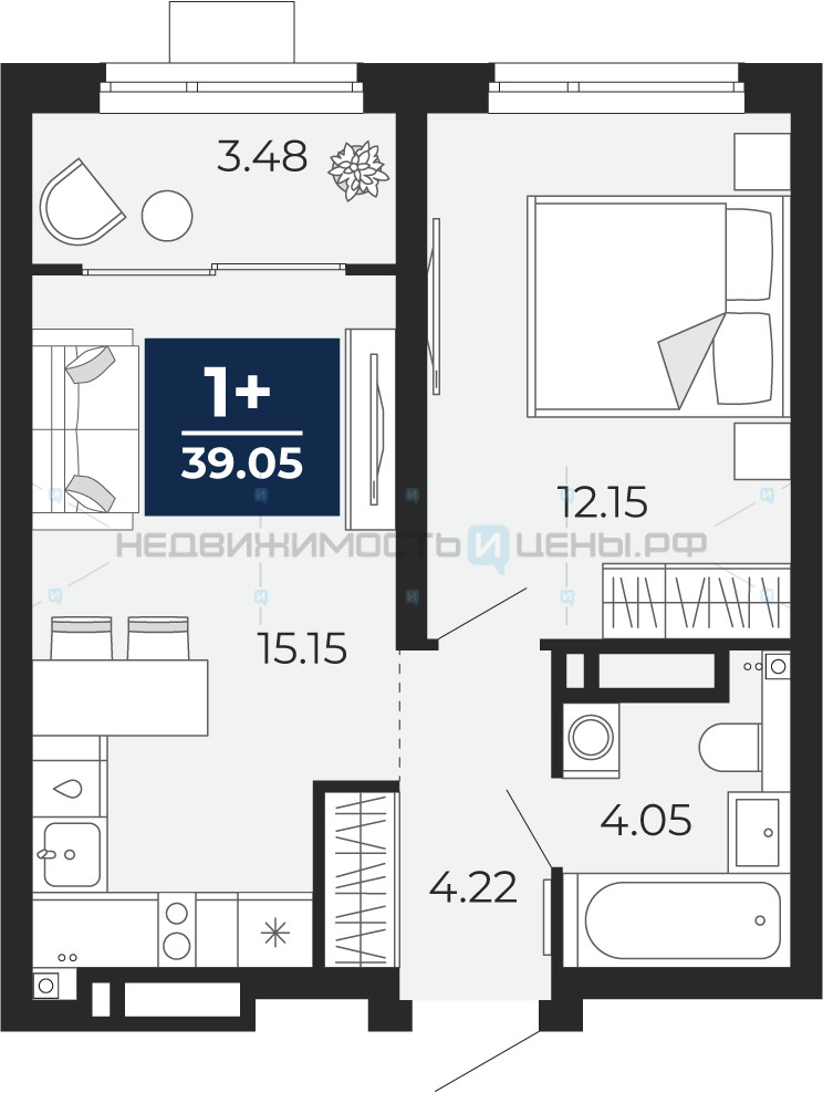 1 комн., 39.05м2, 18/21, Тюмень