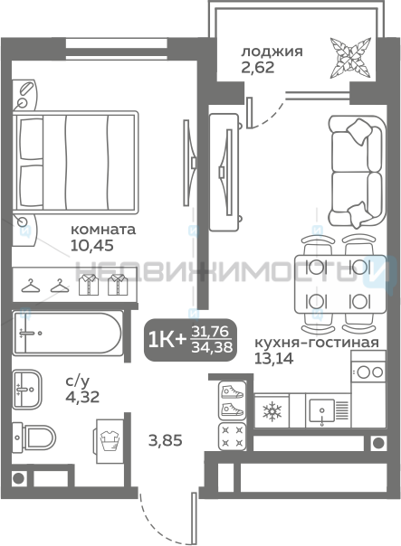 1 комн., 31.53м2, 13/20, Меридиан Слобода, Тюмень